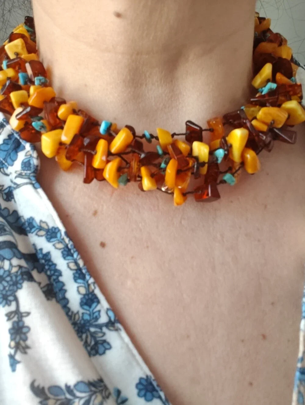Genuine Amber & Turquoise Six Strand Necklace - Picture 2 of 16
